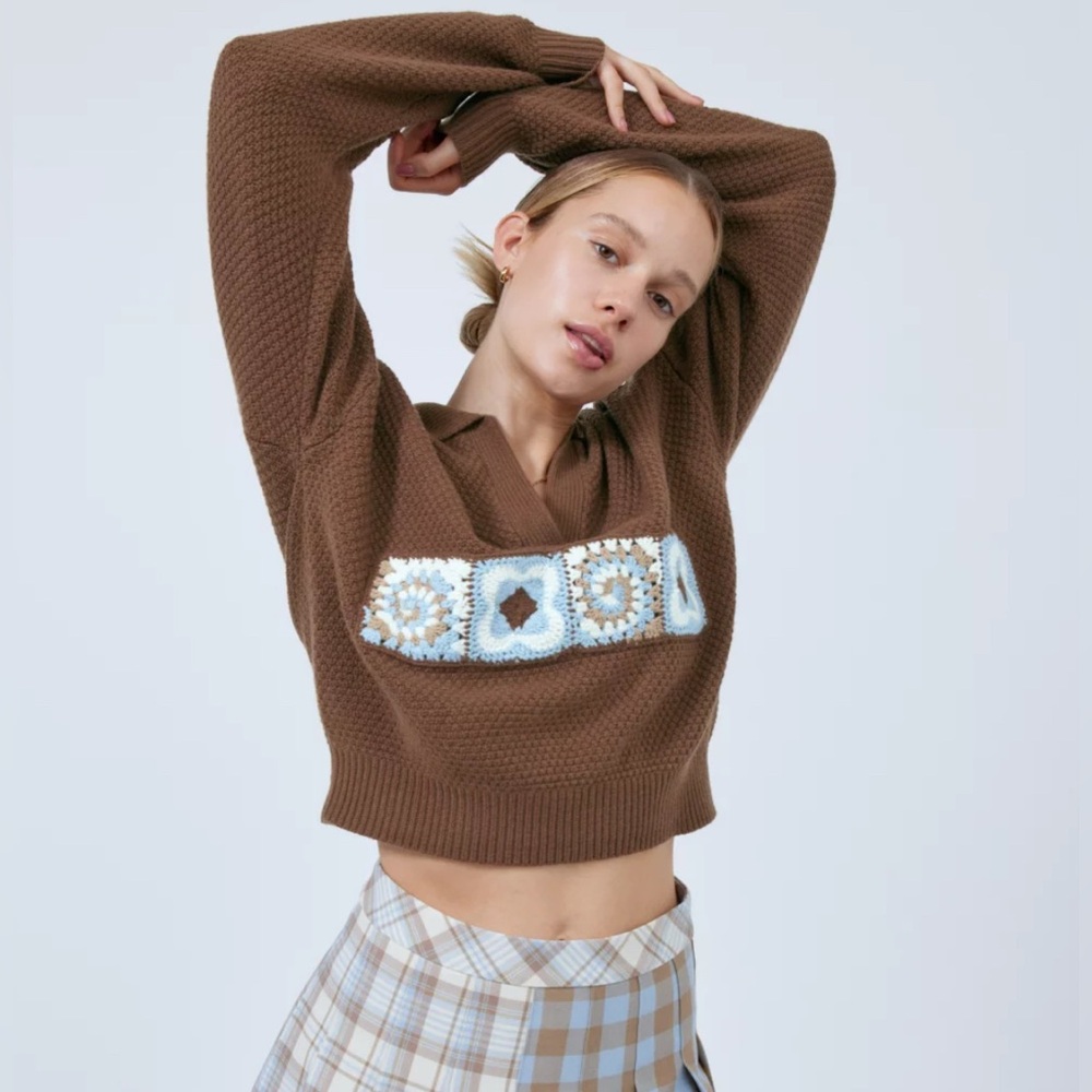 Aritzia Sunday Best Lottie Sweater Brown Wool Blend Crochet Squares Women’s 2XS